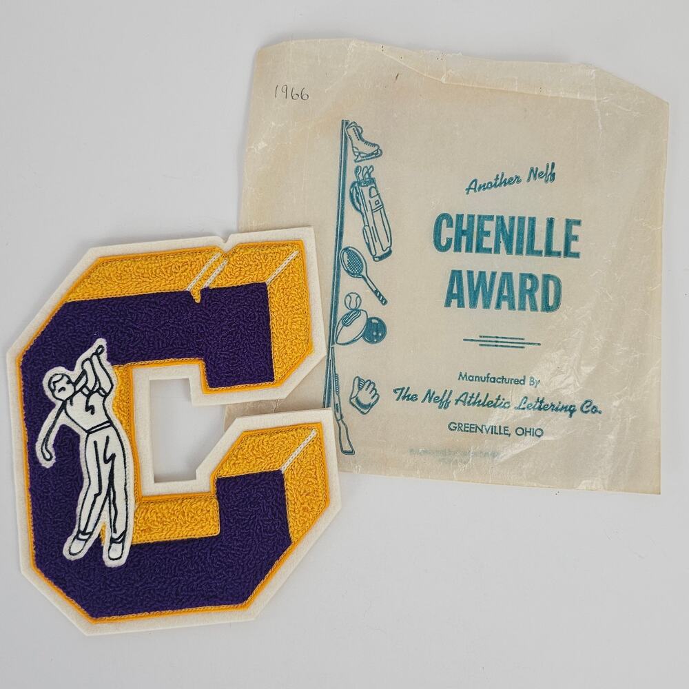 VTG 1966 gold purple chenille letterman award golfer on C new athletic patch